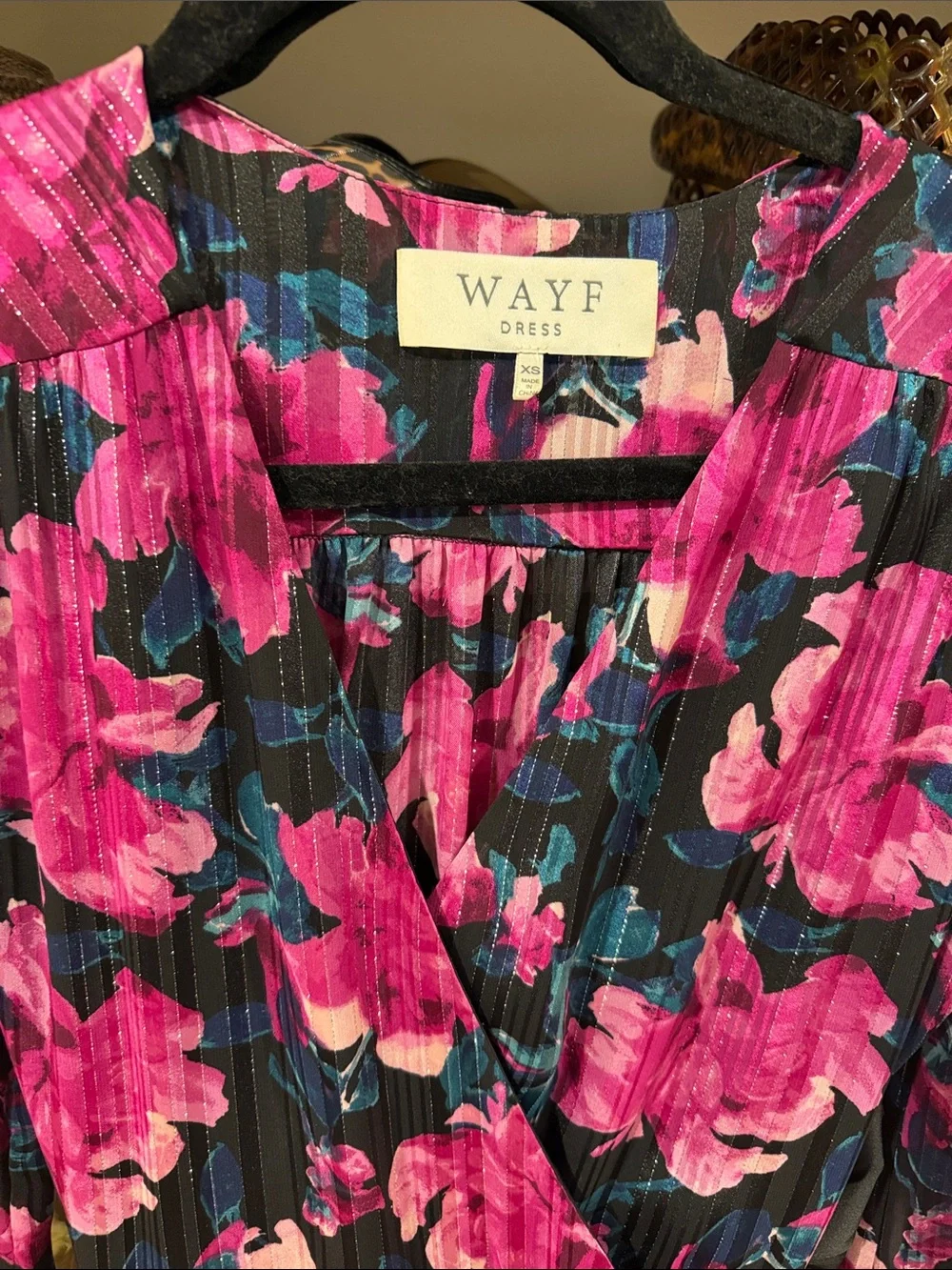 WAYF Black Wrap Dress with Bright Pink Floral Print worn once xs